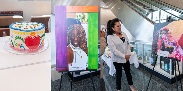 Lady viewing paintings from art show placed on easels.