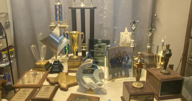 A table of various trophies.