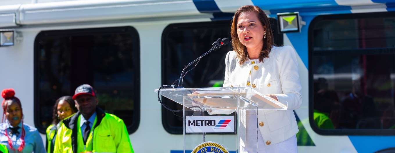 METRO Chair Elizabeth Gonzalez Brock speaks at the METRONow press conference at the George R. Brown Convention Center