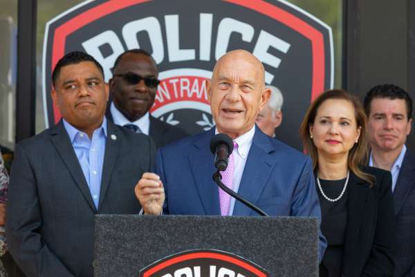 Houston Mayor John Whitmire speaks at the MPD Harrisburg Substation ribbon cutting