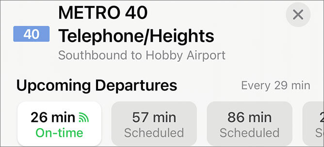 Apple® Maps depicting estimated departure times of a METRO local bus.
