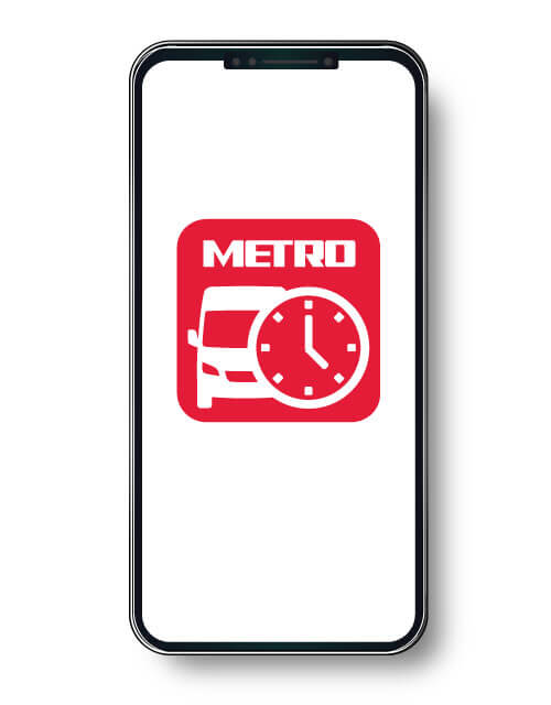 White phone screen displaying the METRO On Demand app icon.