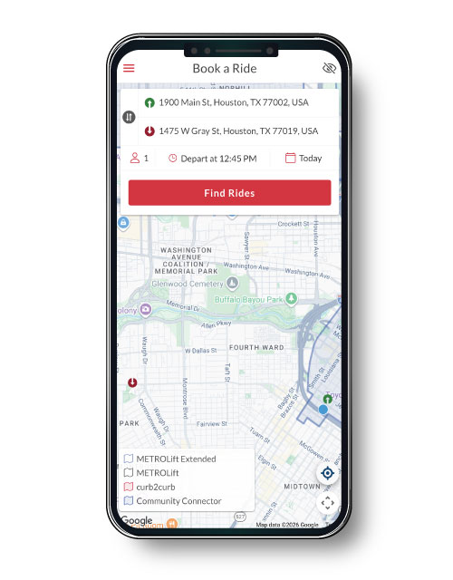 METRO On Demand "Book a Ride" screen showing fields to enter a pickup location and destination, selectors for passenger count, trip time and travel date, a red "Find Rides" button, and a map displaying available service areas.