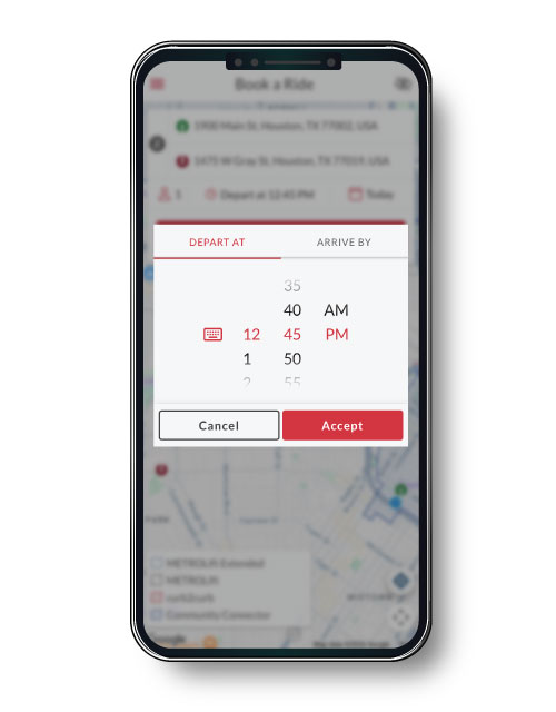 Screen displaying a time selection menu with options to choose a departure or arrival time using a scrollable time picker