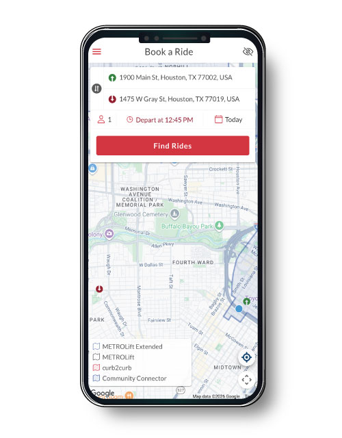 METRO On Demand "Book a Ride" screen showing fields to enter a pickup location and destination, selectors for passenger count, trip time and travel date, a red "Find Rides" button, and a map displaying available service areas.