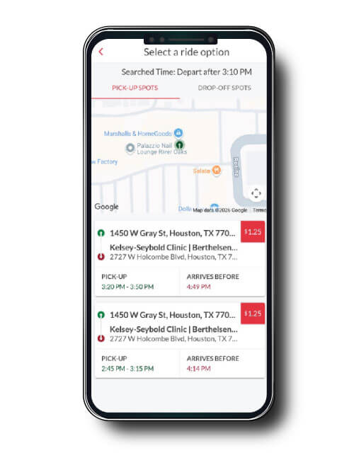 Select a Ride Option screen displaying available trip options with pickup times, arrival estimates, trip price and a man showing the drop-off location