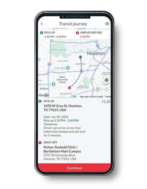 White screen displaying a map with origin and destination points, trip details and a red continue button.