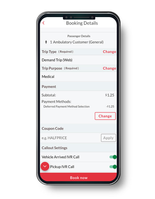 White screen displaying Booking Details, with information about the passenger, trip type, payment option, notification settings and a red book now button.
