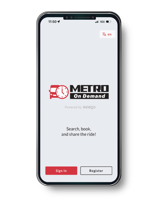 Gray sign-in screen with two buttons side by side near the bottom. The left button is red with the words Sign In in white. The right button is transparent, with a gray background and the word Register in black.