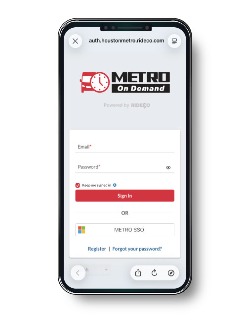 METRO On Demand login page displaying fields for email and password, a "Keep me signed in" option, Sign In button, SSO login, and links to register or reset password.
