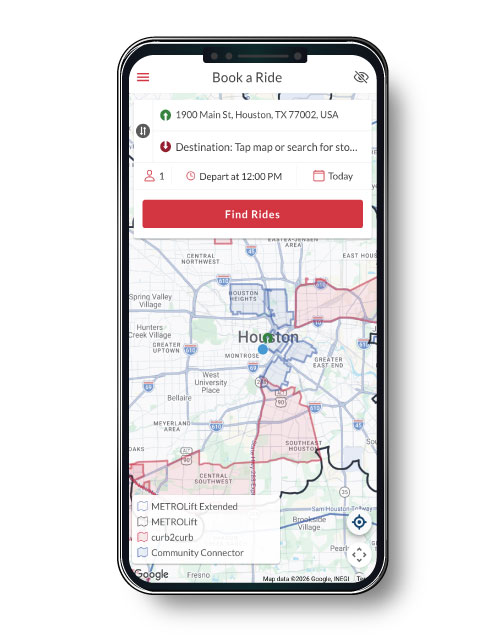 METRO On Demand "Book a Ride" screen showing fields to enter a pickup location and destination, selectors for passenger count, trip time and travel date, a red "Find Rides" button, and a map displaying available service areas.