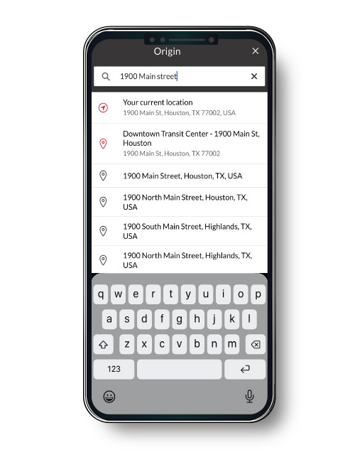 Screen displaying a text field box to enter the origin address where a trip should begin.