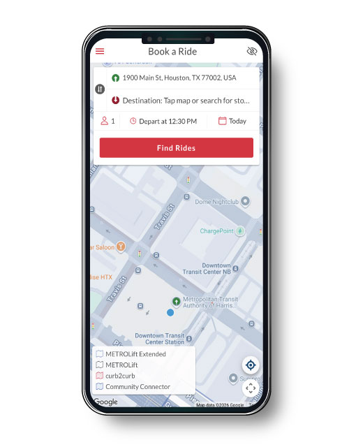 METRO On Demand "Book a Ride" screen showing fields to enter a pickup location and destination, selectors for passenger count, trip time and travel date, a red "Find Rides" button, and a map displaying available service areas.
