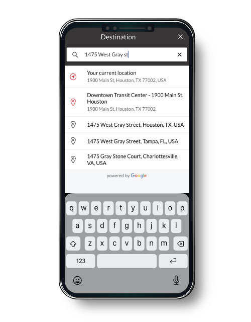 Screen displaying a text field box to enter the destination address where a trip should end.