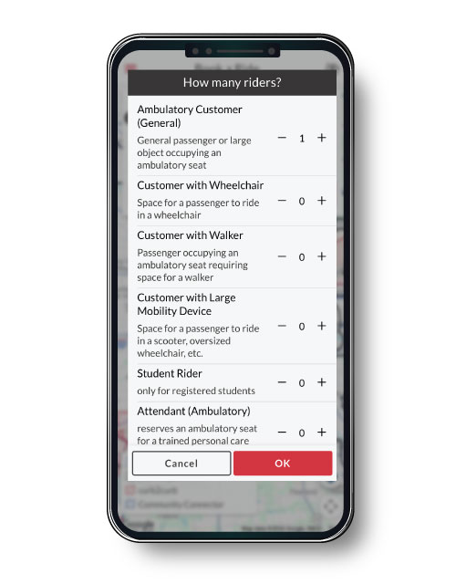 How many riders screen with accessibility options, plus and minus controls to adjust passenger counts, a white cancel button on the left and a red OK button on the right to confirm the selection.