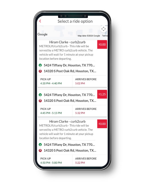Screen showing trip options on both METROLift and METRO curb2curb with the price for each option shown in red boxes.