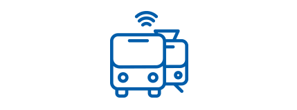 Icon of bus and train overlapping with radio waves above bus, track your ride.
