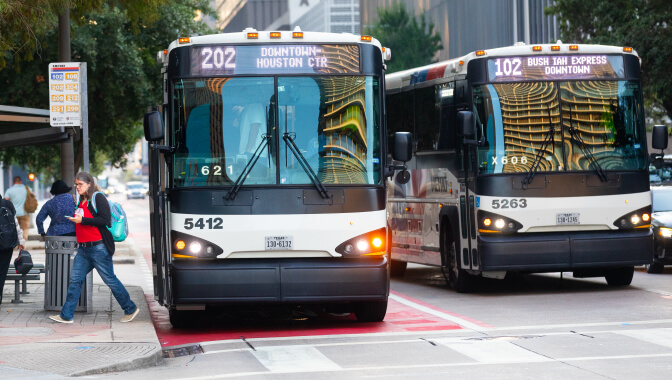METRO Park & Ride and Local Bus traveling through downtown Houston.
