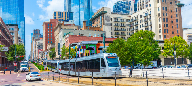 METRORail Red Line traveling through downtown Houston.