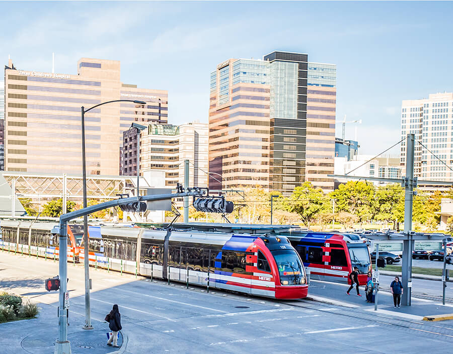 The METRORail Red Line train at the TMC Transit Center in Houston, Texas