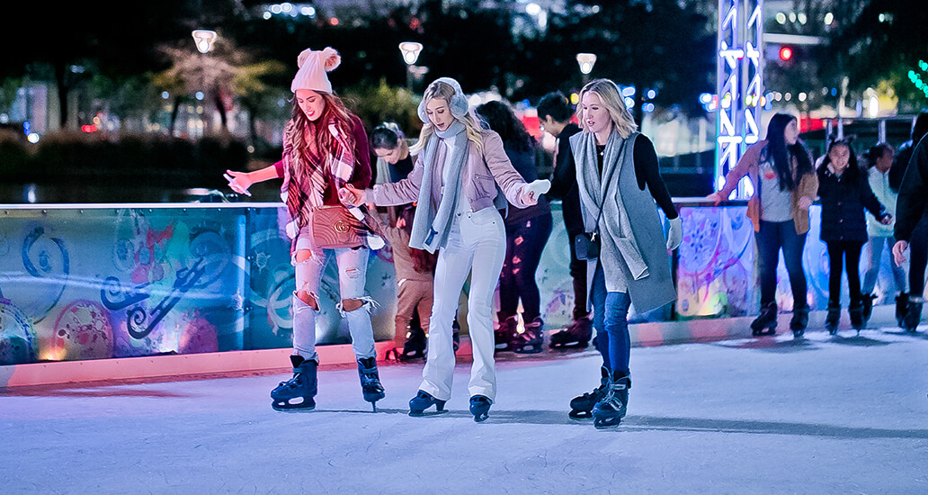 Ice skating rink at Discovery Green during the winter holidays.