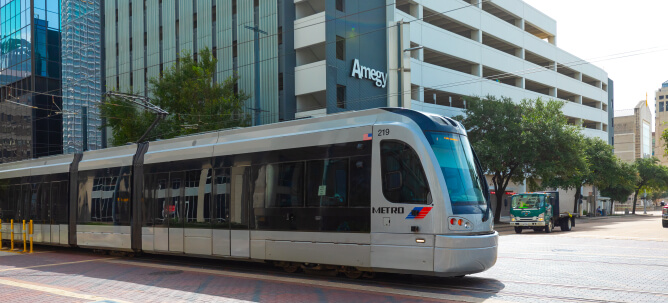 METRORail Red Line traveling through downtown Houston.
