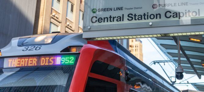 METRORail Purple Line train at the Central Station Capitol station in Houston's Theater District