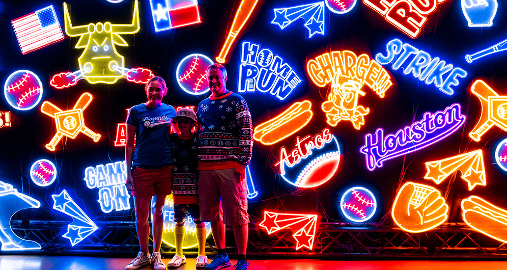 Family photo at the Light Up the Park display at Daikin Park.