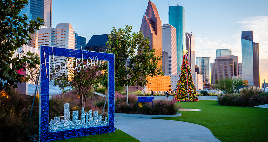 Downtown Houston skyline from the rooftop of POST Houston.