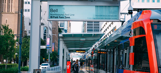 Bell Station signage on the METRORail Red Line platform.
