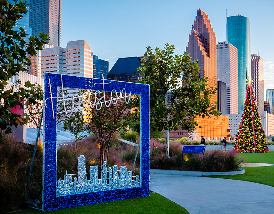 Downtown Houston skyline during the holiday season.