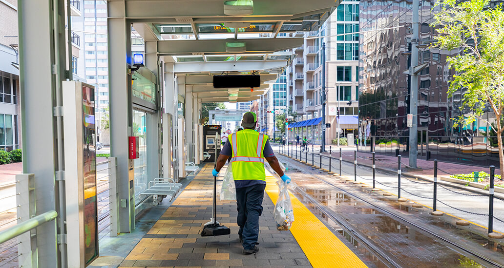 Platforms being swept of litter and debris off of the METRORail platform.