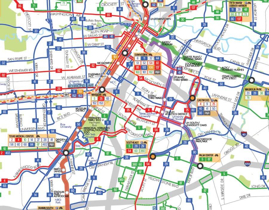 Screenshot from METRO system map PDF showing how and where various bus routes and rail lines run.