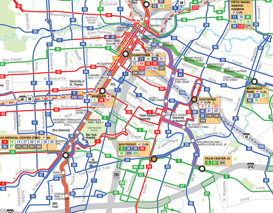 Screenshot from METRO system map PDF showing how and where various bus routes and rail lines run.