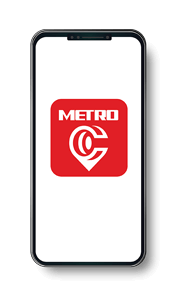 Smartphone with METRO curb2curb mobile app icon visible on screen