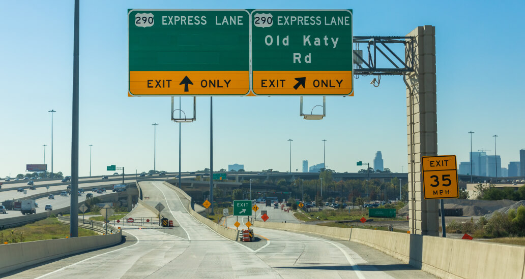 Highway 290 NW Express Lane exit sign at Old Katy Road