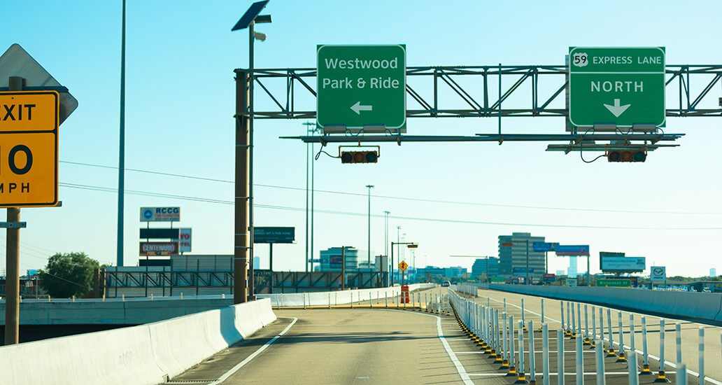 US Highway 59 Express Lane exit sign to Westwood Park & Ride