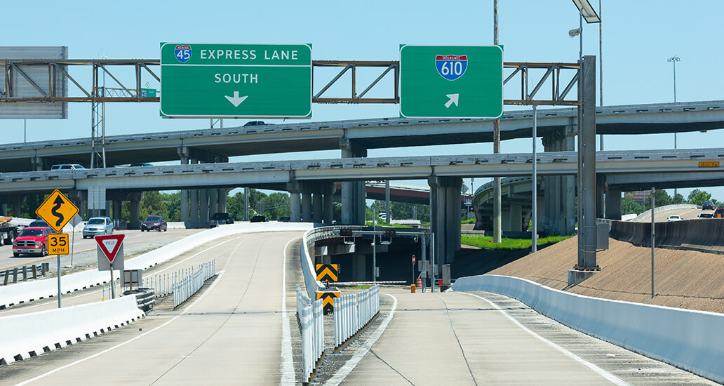 Interstate 45 South outbound HOV/HOT lane at the 610 loop exit.