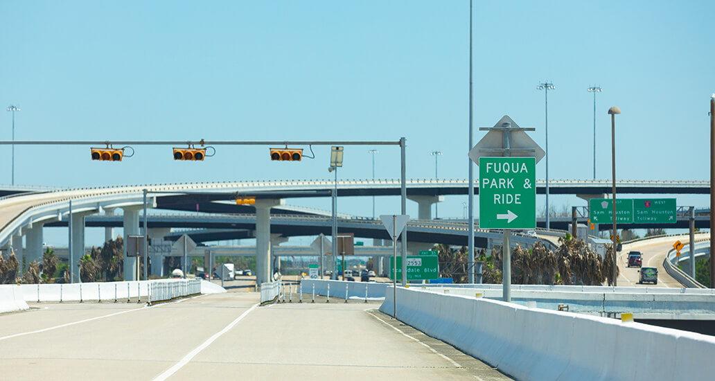 Interstate 45 South HOV/HOT lane exit to the Fuqua Park & Ride.