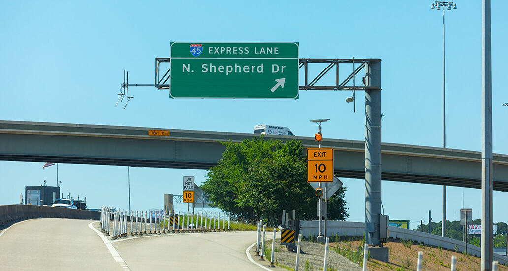 I-45 North outbound express lane exit towards North Shepherd Drive.