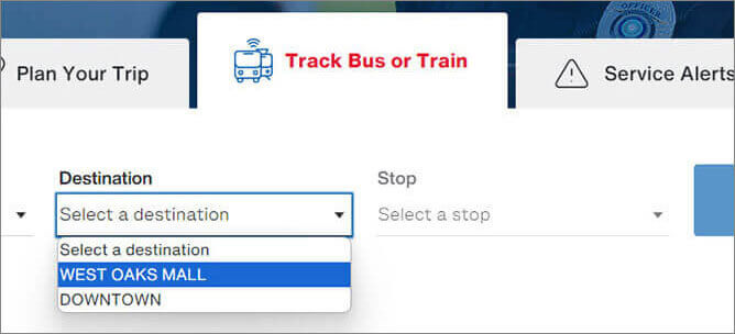 The Track Your Bus or Train feature on the homepage of the METRO website.