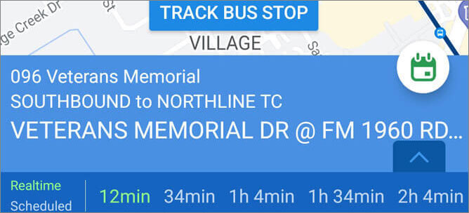 Screen displaying how the METRO TRIP app shows real-time and scheduled time of the next buses.