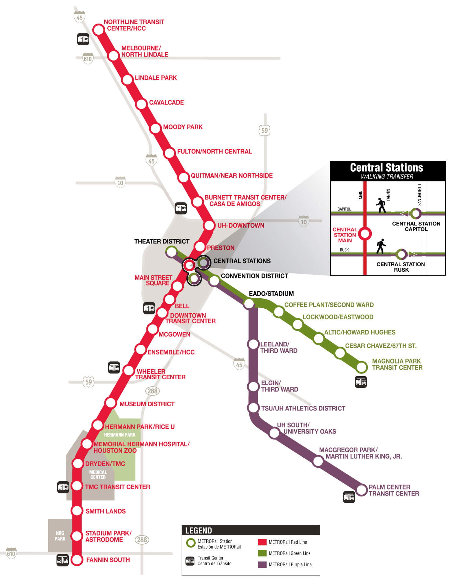 Full-size version of original METRORail map showing all three light rail lines
