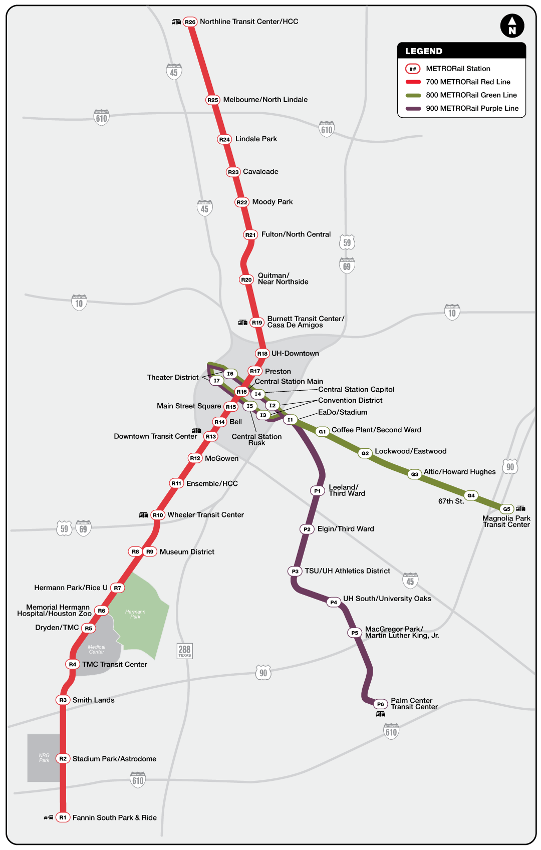 Full-size version of original METRORail map showing all three light rail lines.