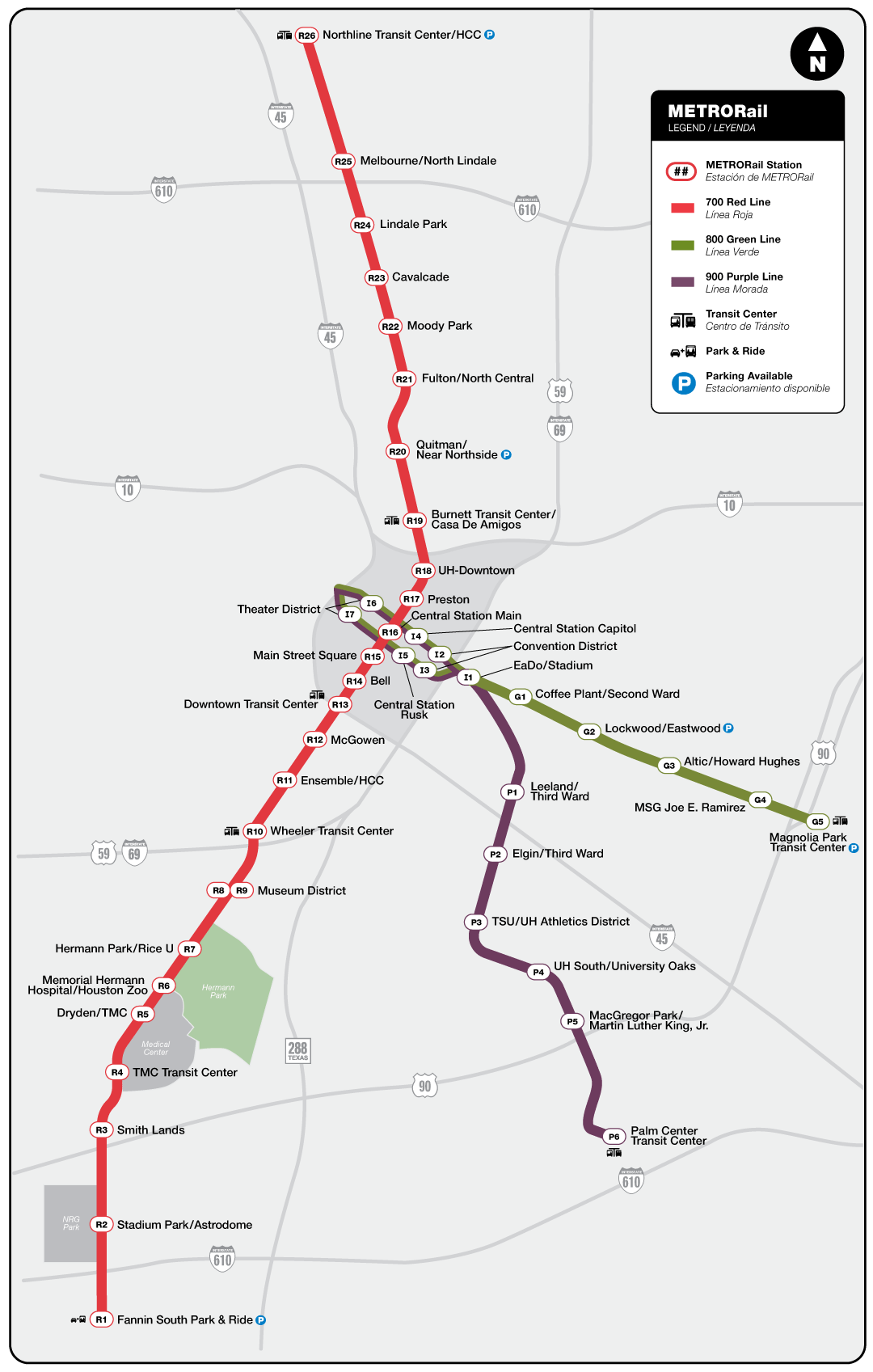 Full-size version of original METRORail map showing all three light rail lines.