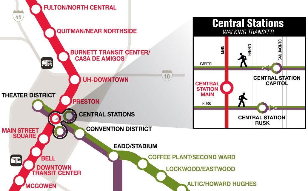 Traditional map image showing where all three METRORail lines converge.