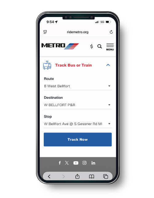 METRO website track bus and train on mobile phone.