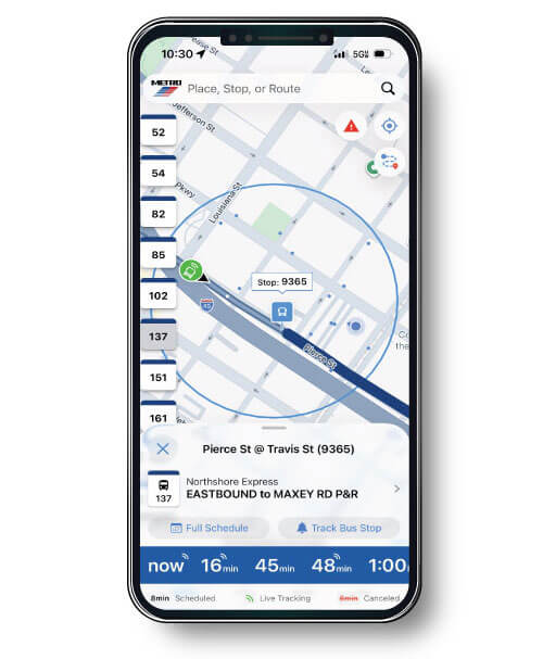 RideMETRO App Bus Tracking on mobile phone.