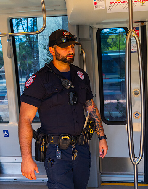 METRO Police Officer onboard a METRORail vehicle.